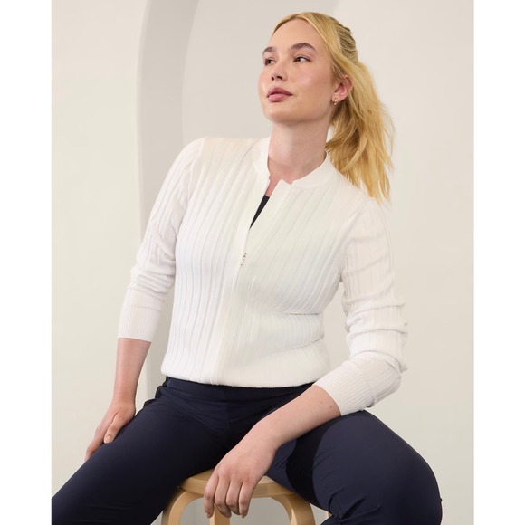 Athleta Jackets & Blazers - Athleta Fairway Sweater Full Zip Jacket Ribbed Tennis Golf Tencel Sporty Chic L